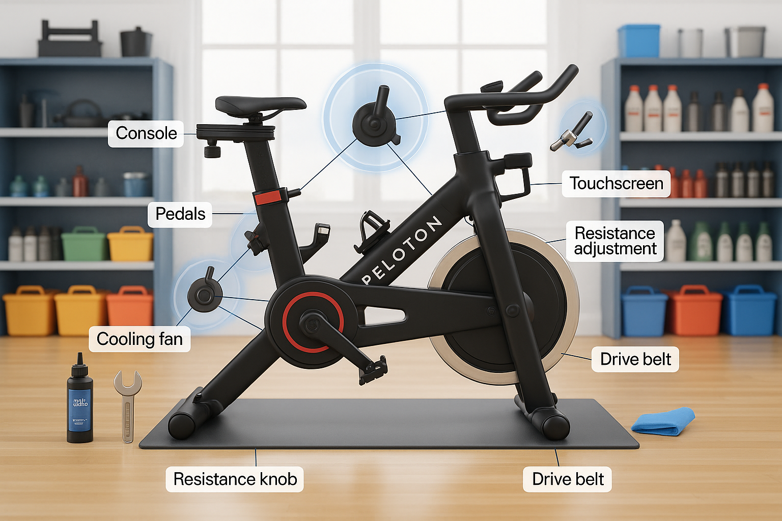 A Peloton exercise bike in a workshop with highlighted parts prone to failure and nearby maintenance tools.