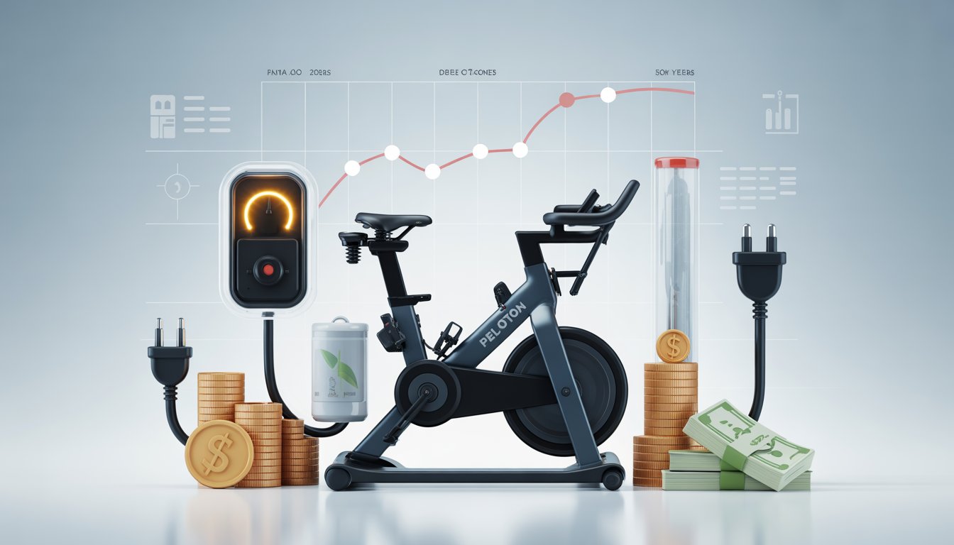 A Peloton bike surrounded by symbols of energy meters, coins, bills, and a five-year timeline representing the costs of ownership.