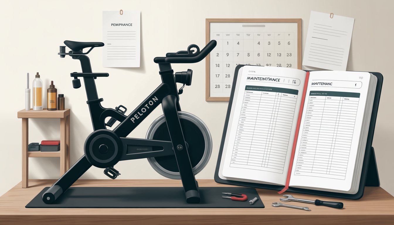 A Peloton bike in a home gym with maintenance tools and an open maintenance logbook nearby, showing preparation and care.