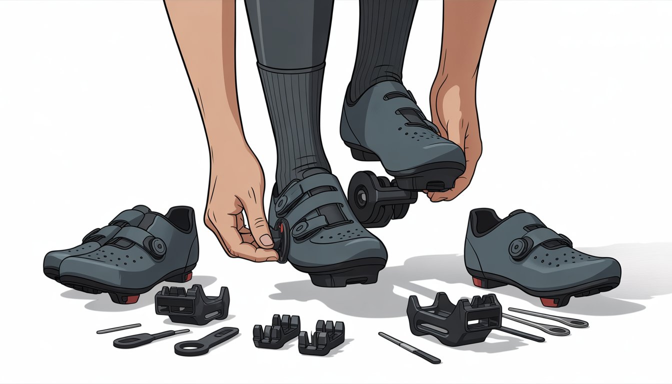 Close-up of a cyclist's foot clipping in and out of Peloton pedals with hands demonstrating the safe technique, surrounded by cycling cleats and maintenance tools.