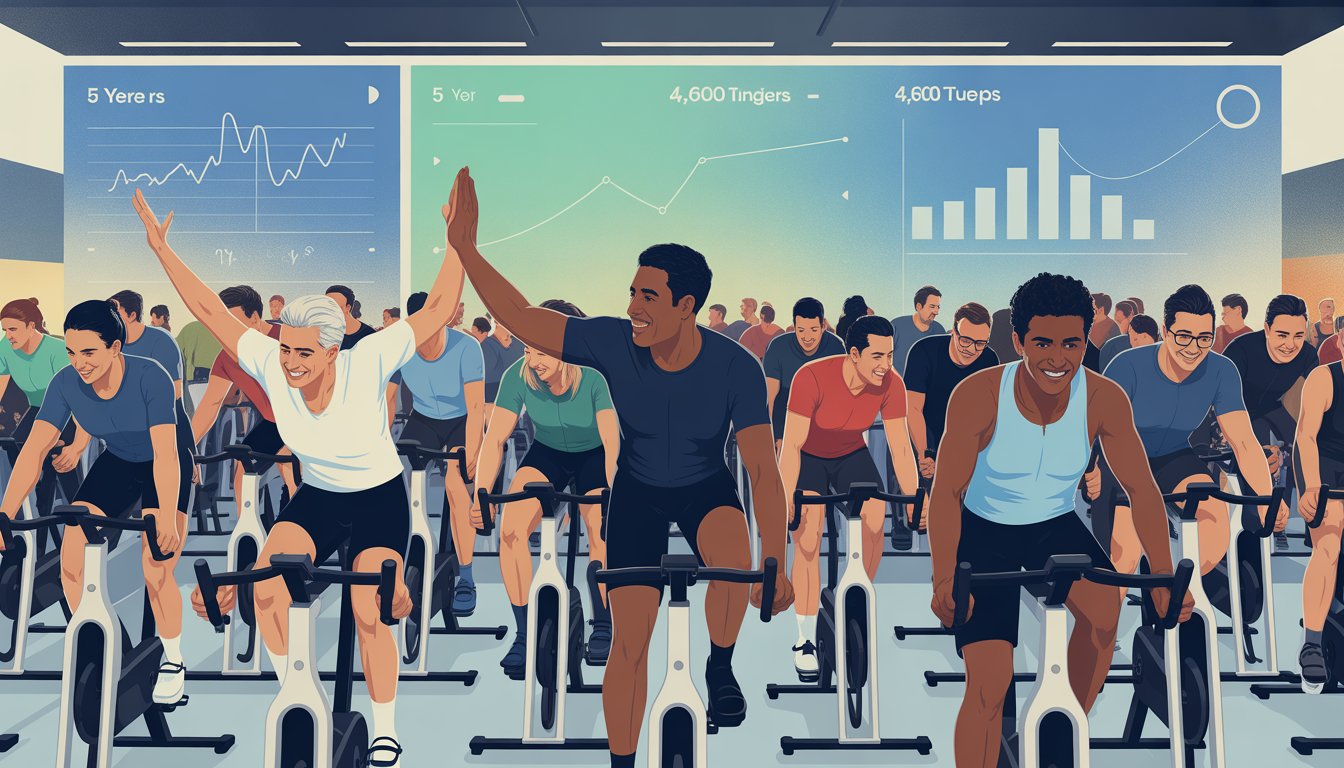 Indoor cycling studio with diverse riders on Peloton bikes encouraging each other, with digital screens showing abstract fitness progress in the background.