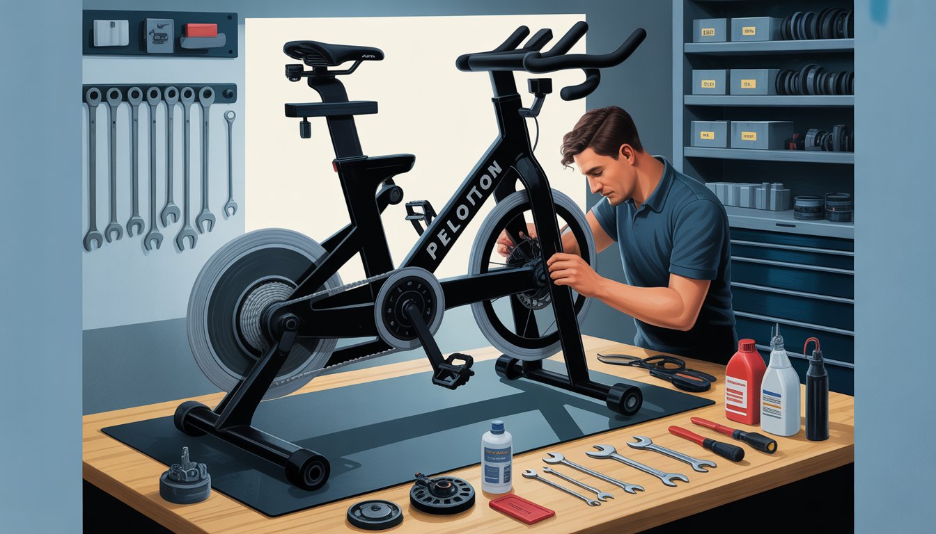 A technician working on a partially disassembled stationary exercise bike in a workshop with tools and spare parts around.