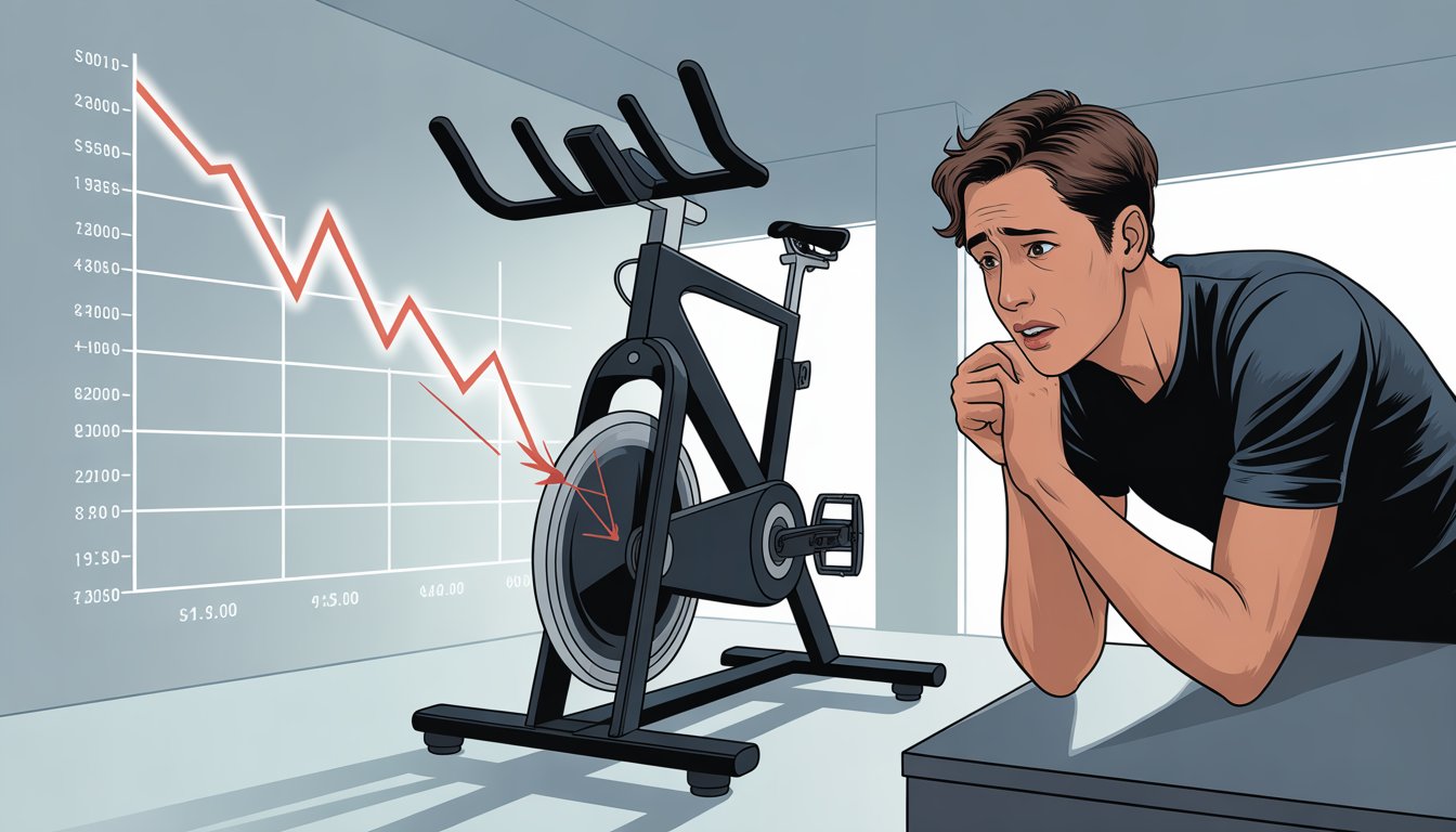 A person examining a stationary bike with a mechanical problem while a graph shows a sudden drop in output numbers.