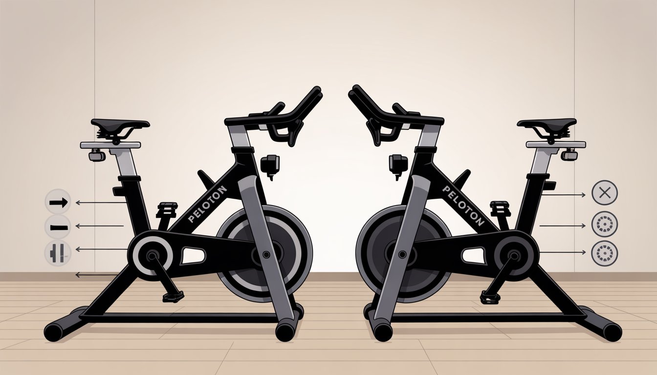 Two stationary Peloton bikes side by side with highlighted differences in seat, handlebars, pedals, and resistance controls in a gym setting.