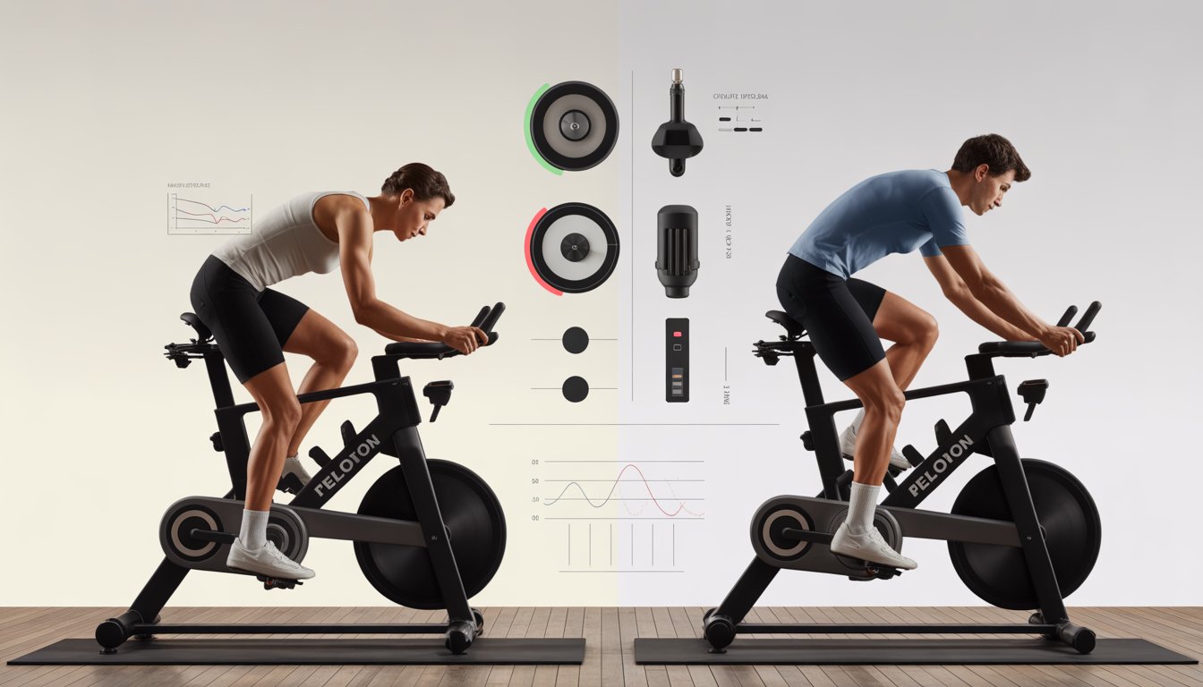 Two people riding stationary bikes side by side with visual elements showing bike calibration and adjustment differences.