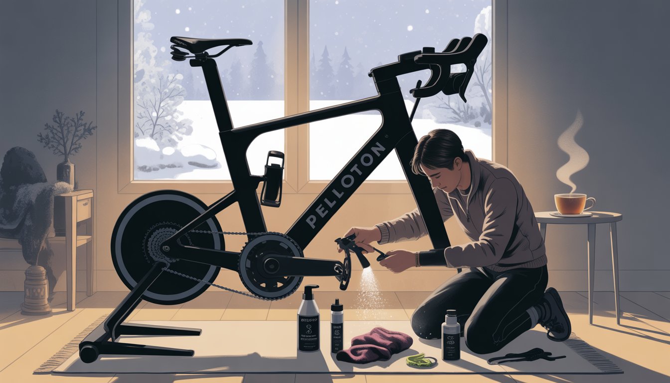 A person maintaining a Peloton bike indoors with a snowy winter scene visible outside the window.