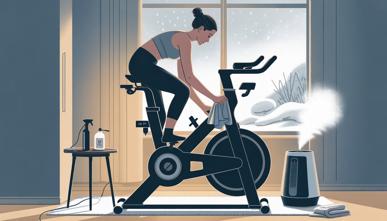 A person adjusting an indoor exercise bike near a window showing snow outside, with maintenance tools nearby, preparing the bike for winter.