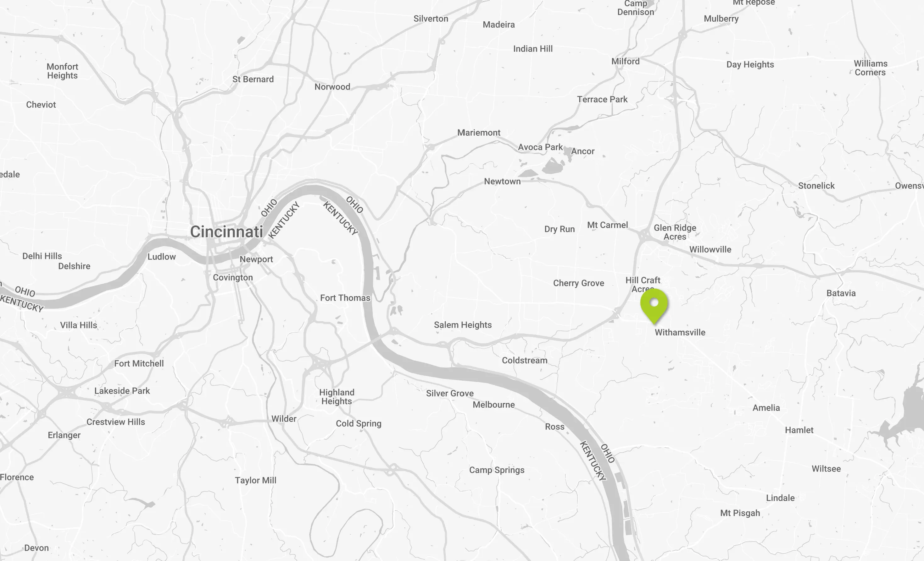 Map of Cincinnati area showing neighborhoods, highways, and a green location marker near Mt Carmel and Cherry Grove.