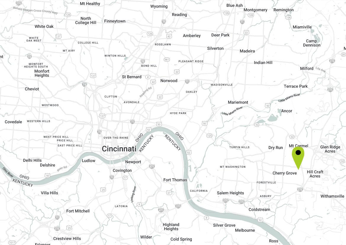 Map of Cincinnati area showing neighborhoods, highways, and a green location marker near Mt Carmel and Cherry Grove.