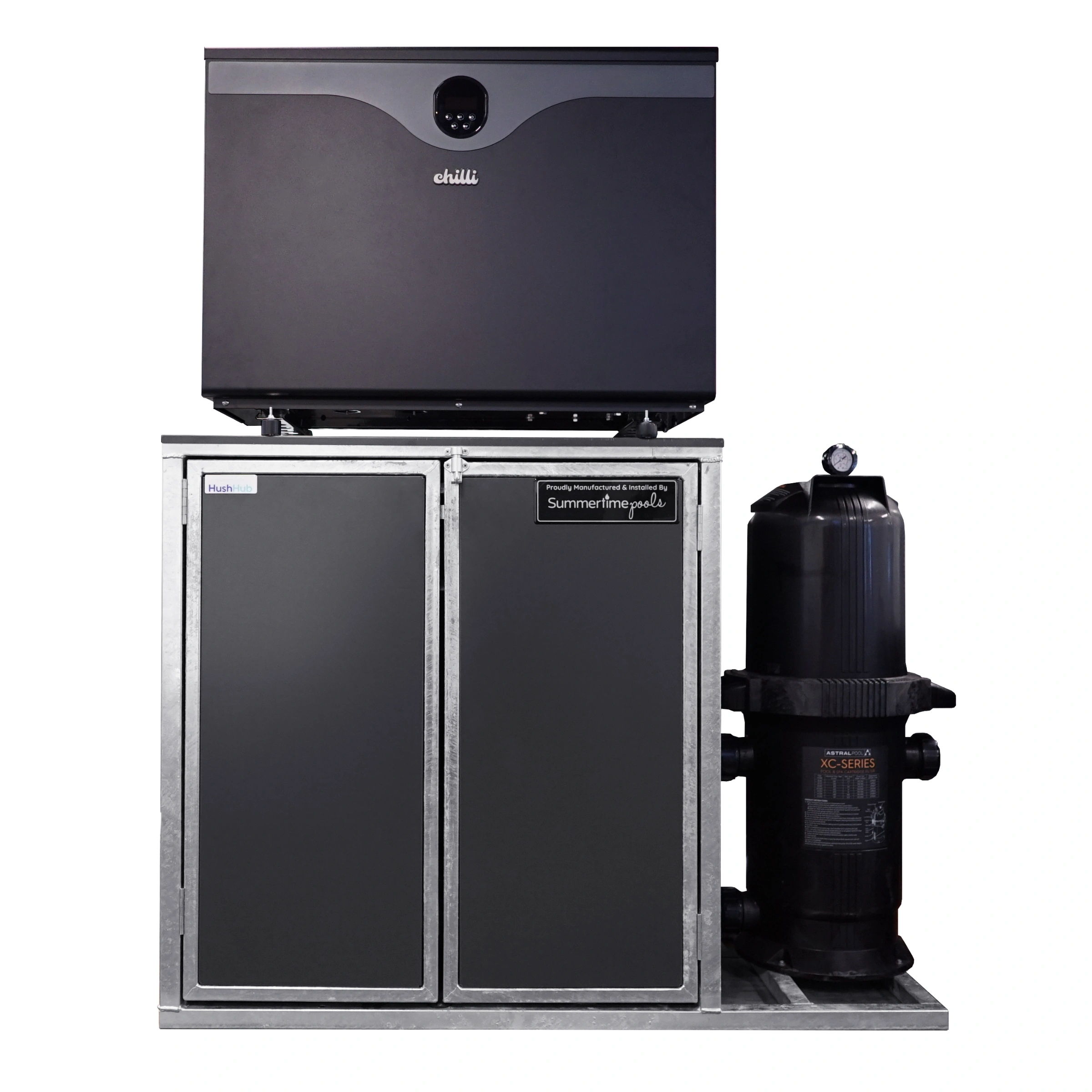 Our HushHub is compact pool equipment station that also reduces noise.