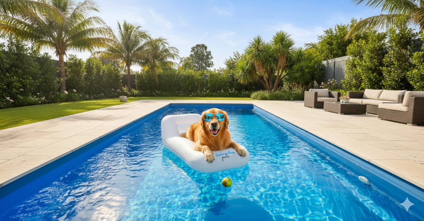 a cute dog laying on a floatie in a backyard pool
