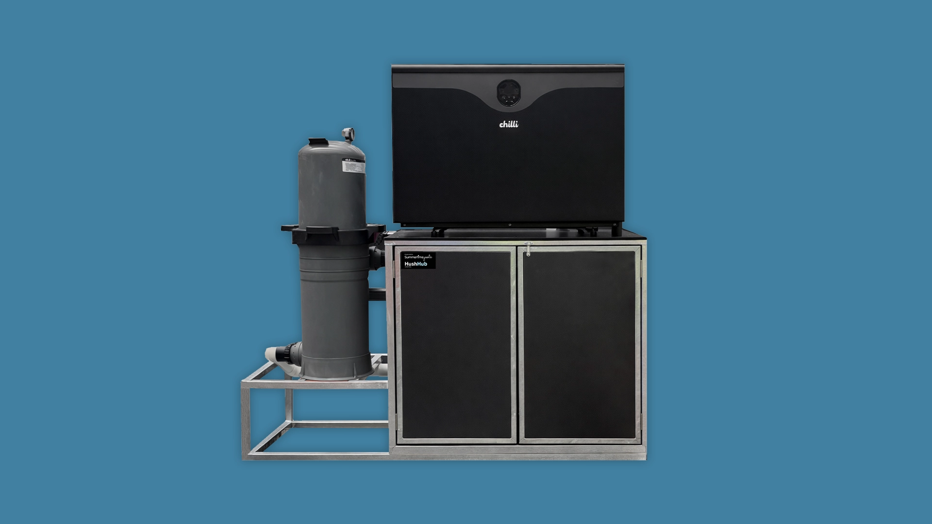 Our HushHub is compact pool equipment station that also reduces noise.
