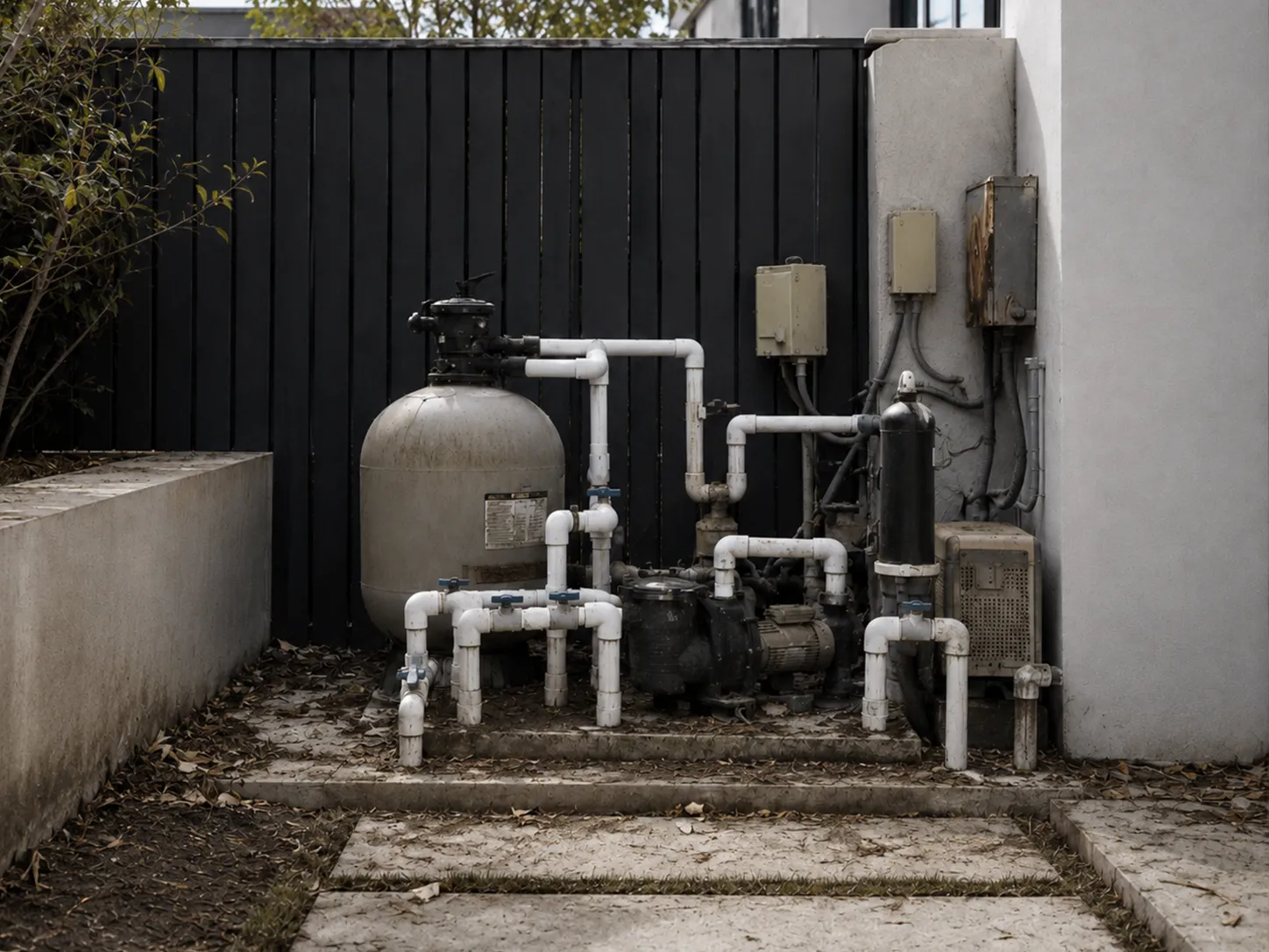 Outdoor pool pump and filtration system with connected white PVC pipes and valves on concrete pad.