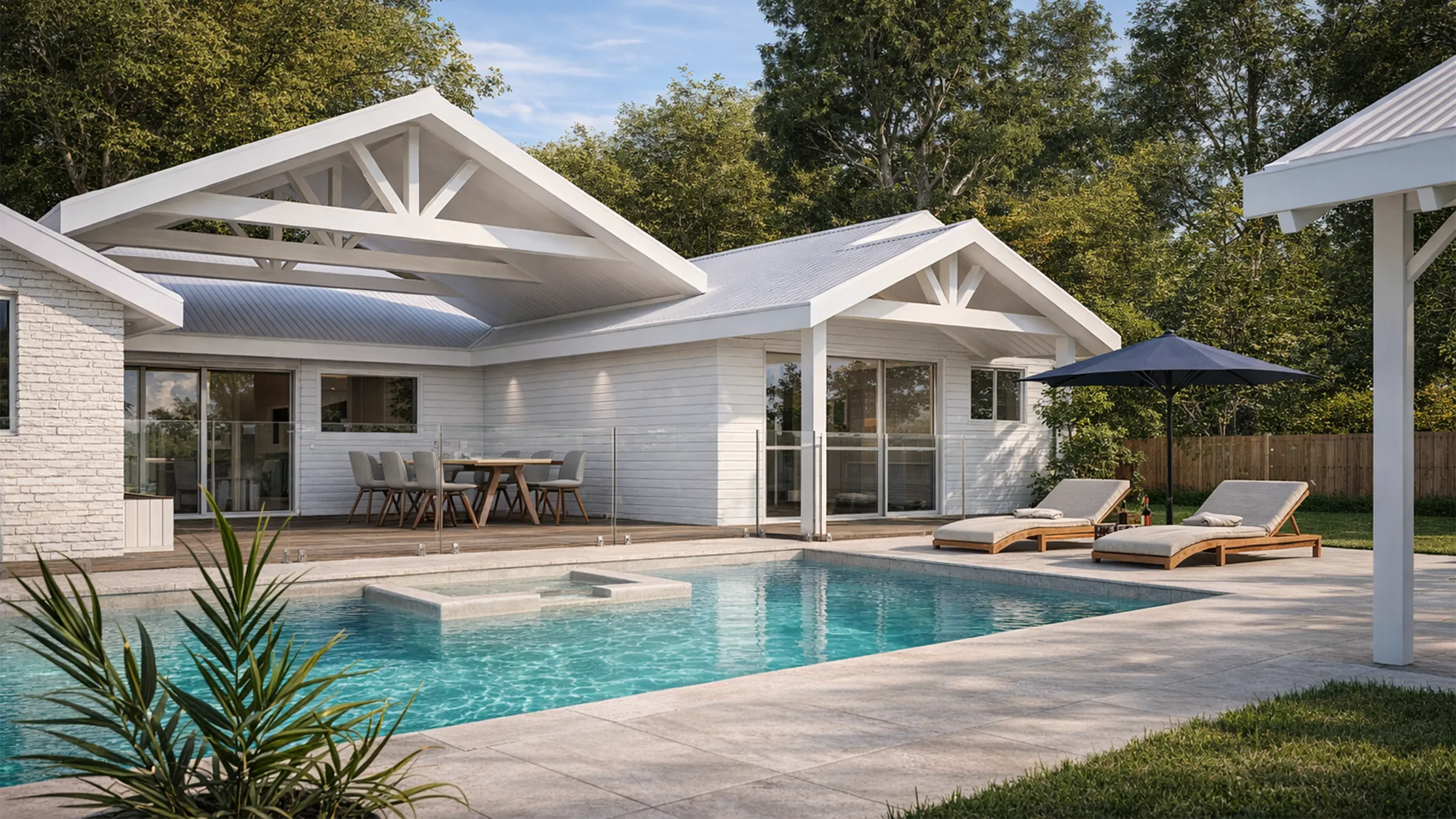 Modern backyard with Peninsula pool, two loungers under an umbrella, and white patio house.