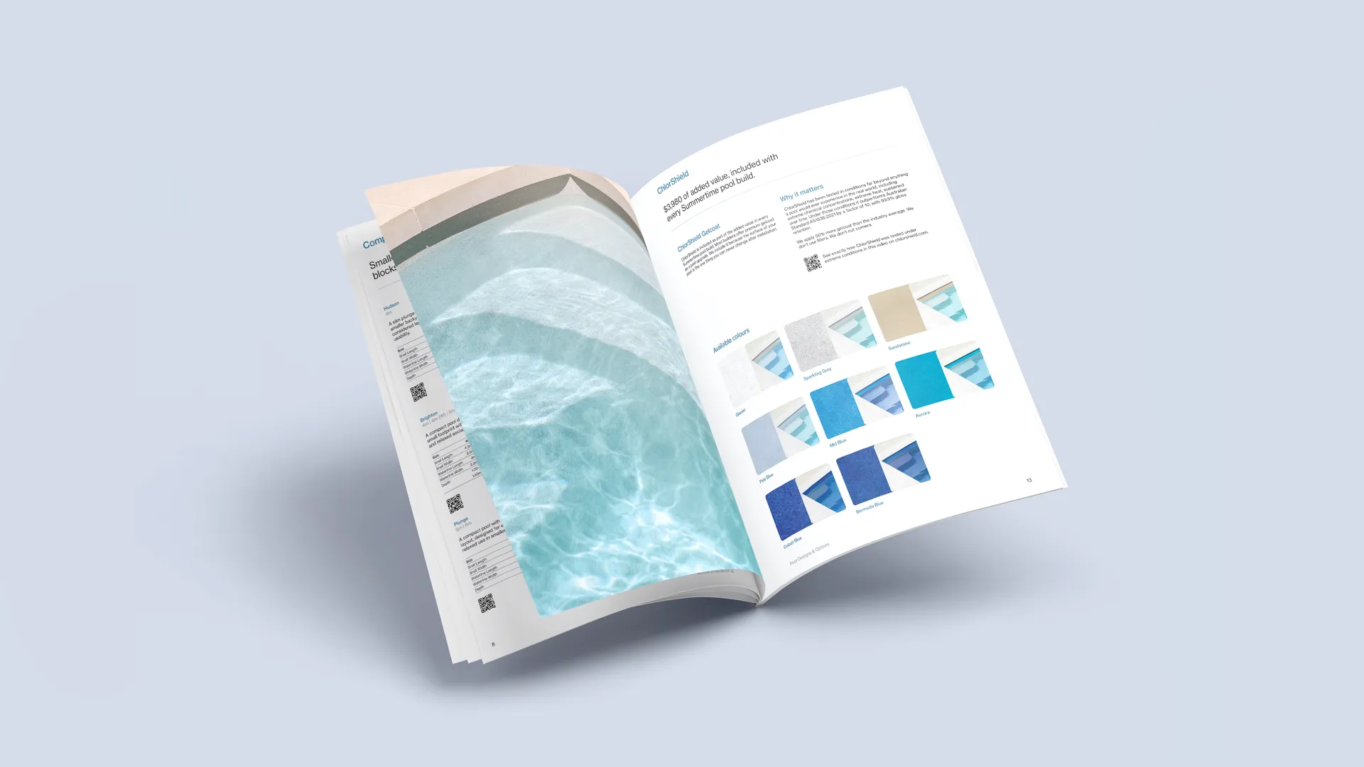 Open catalog showing pool finishes and color options with a photo of clear blue pool water.