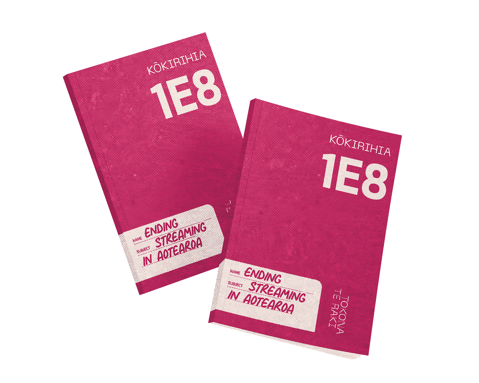 Two pink 1E8 workbooks reading 'Ending Streaming in Aotearoa'. 