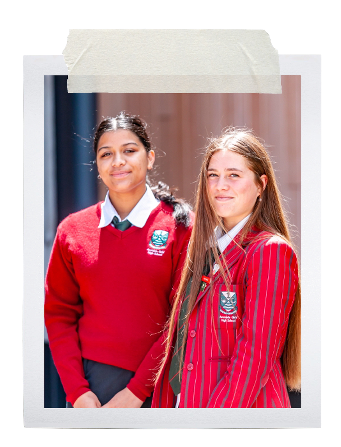 Polaroid image of smiling students.