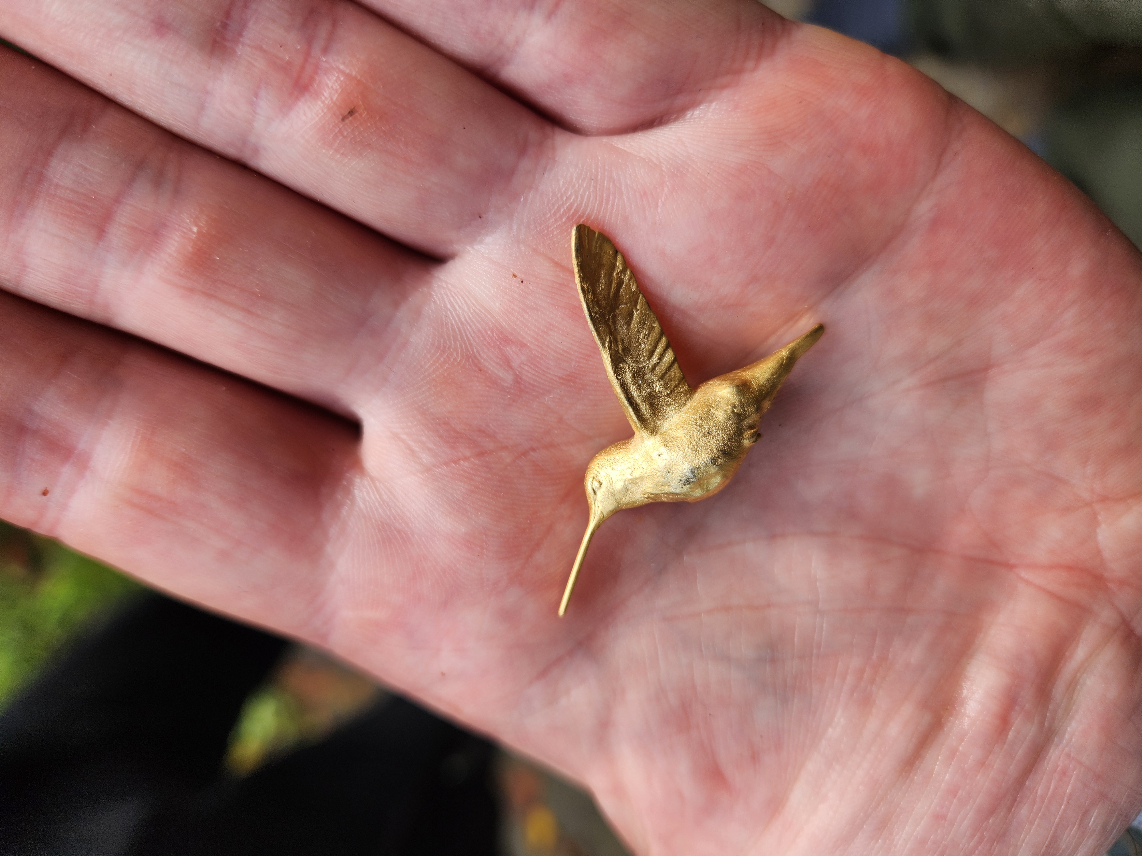 Gold plated, silver cast hummingbird pin