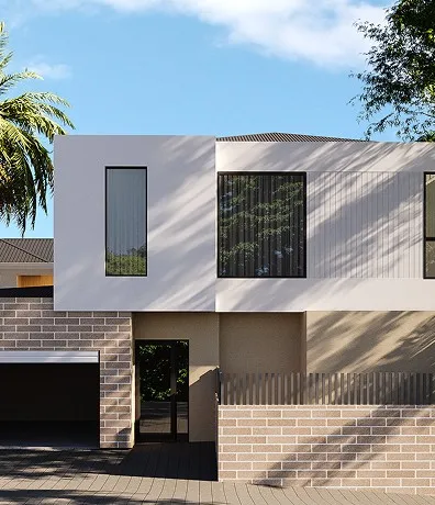 A modern house with a palm tree in front of it.