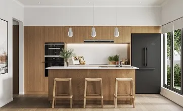 A modern kitchen with wooden cabinets and stools.