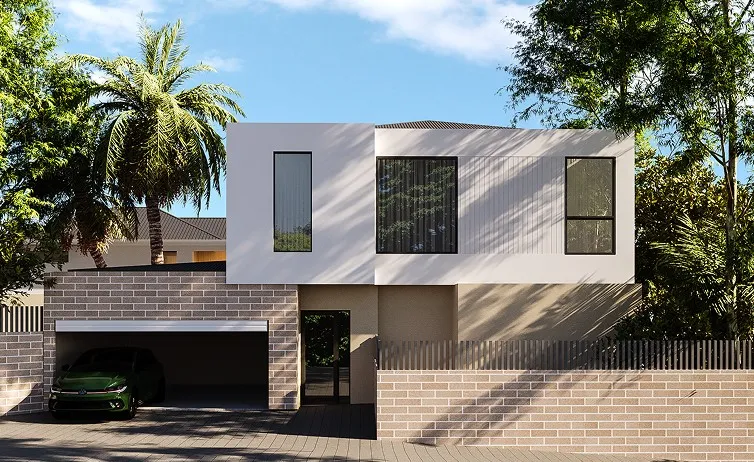 A car is parked in front of a house.