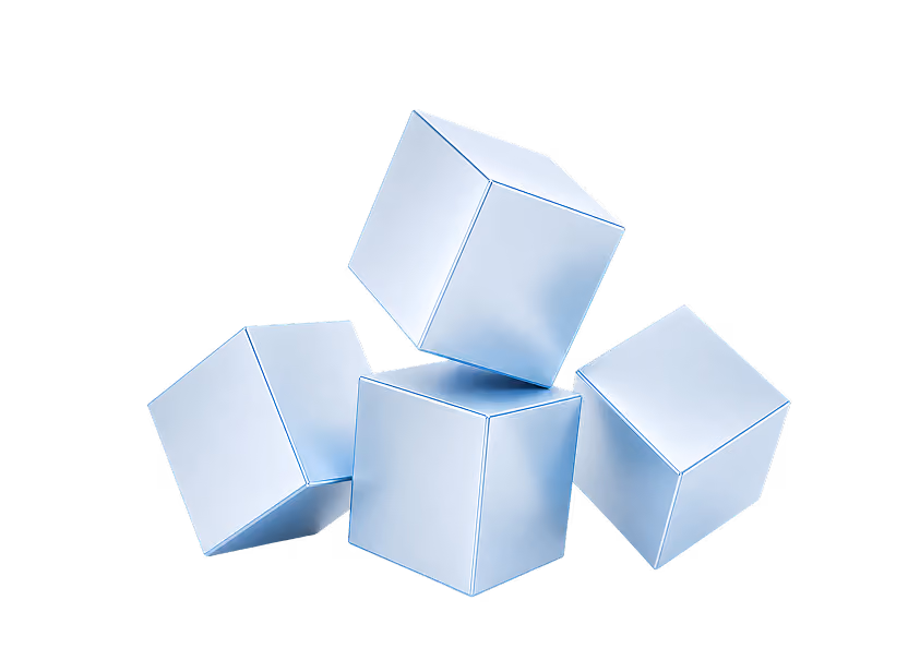 Quatre cubes métalliques argentés flottant sur fond noir.