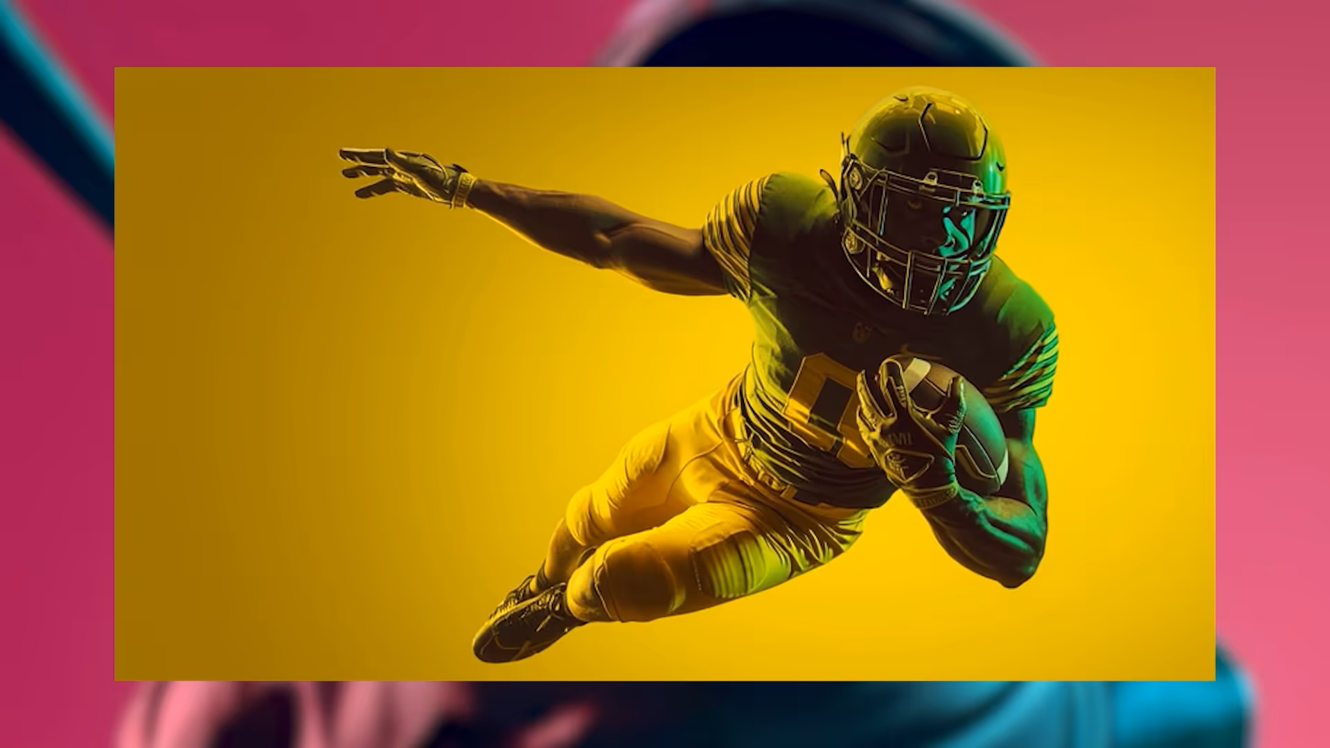 American football player in yellow and green uniform mid-air, holding a football.