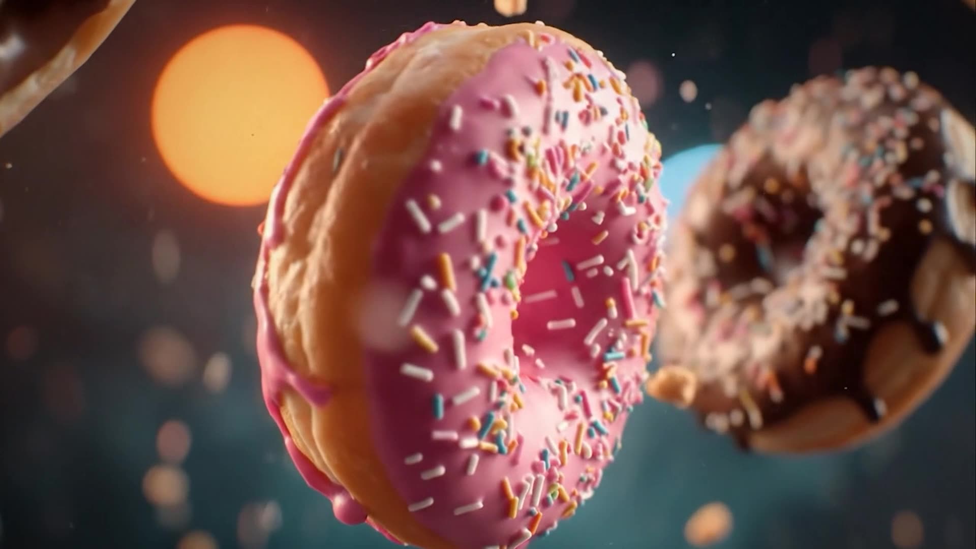 Close-up of two floating donuts, one with pink icing and colorful sprinkles, and the other with chocolate icing and sprinkles, against a blurry background with an orange light.