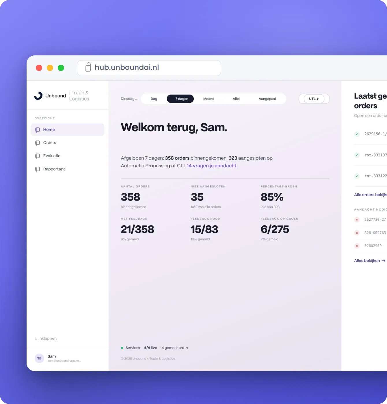 De Unbound Hub in een browservenster: overzicht van verwerkte orders en het autonoompercentage