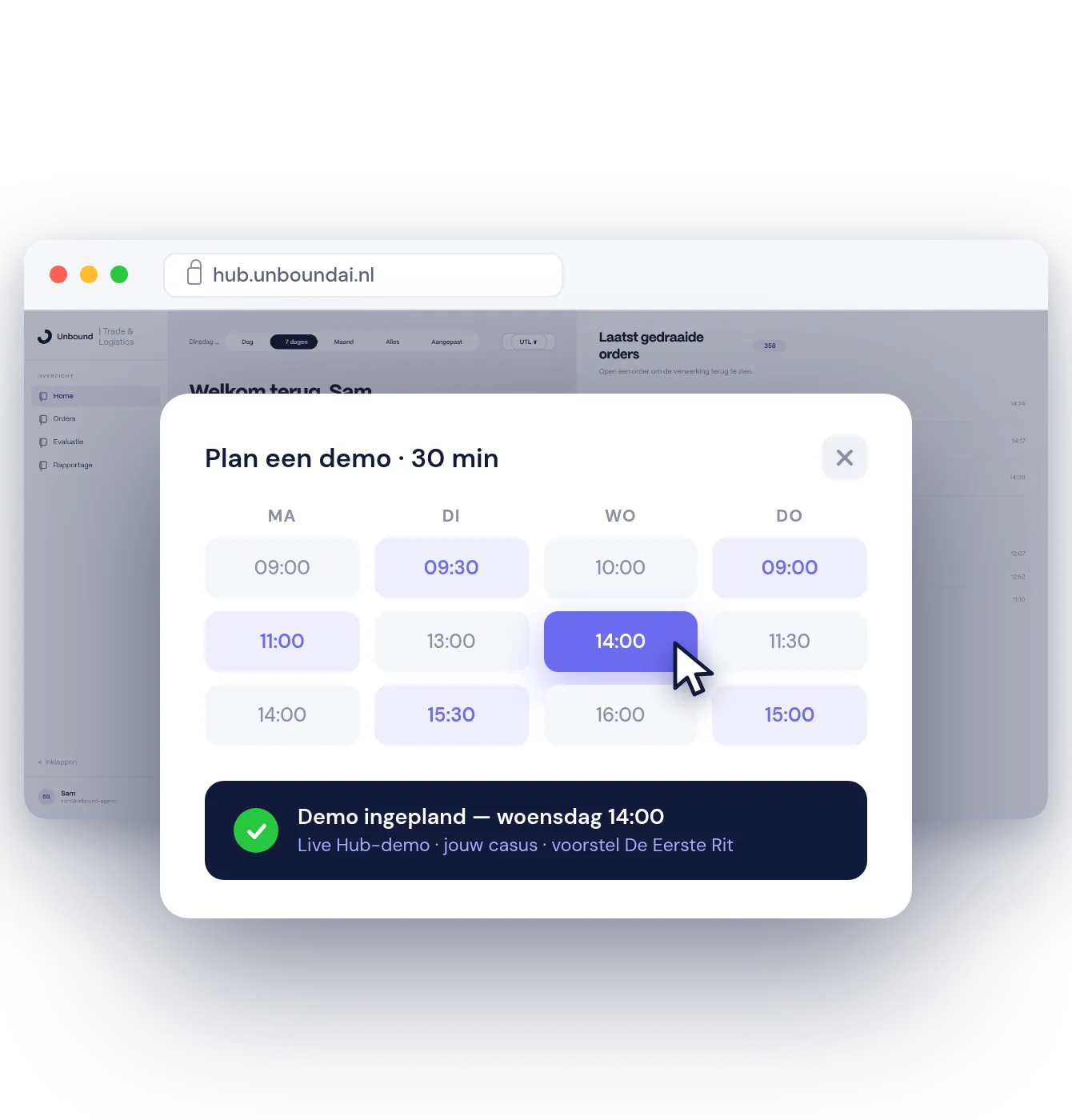 Pop-up in de Unbound Hub om een demo van dertig minuten te plannen