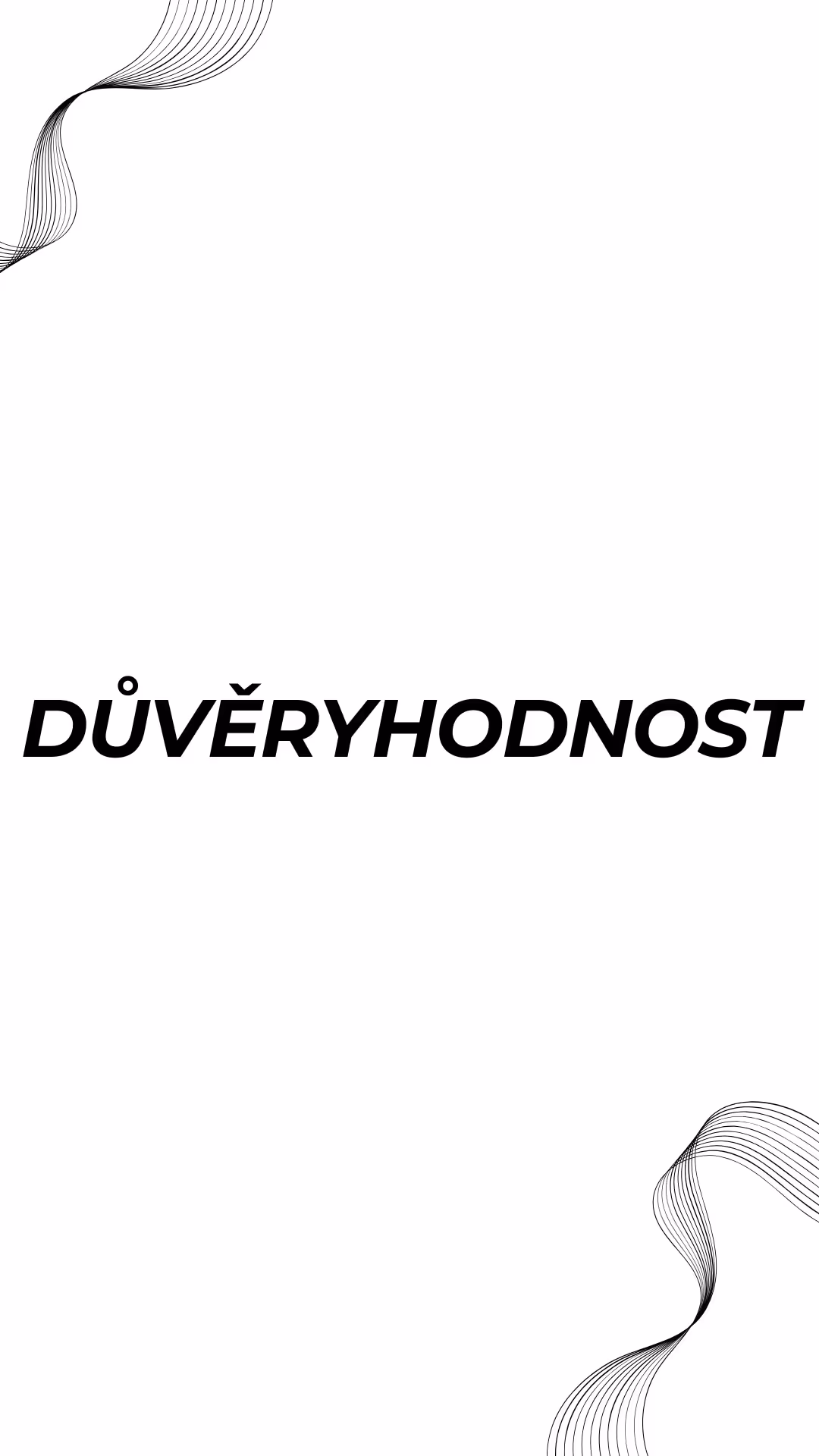 Slovo „DŮVĚRYHODNOST“ tučným kurzívním černým písmem, vycentrované na bílém pozadí, s tenkými černými plynulými liniovými vzory v levém horním a pravém dolním rohu.