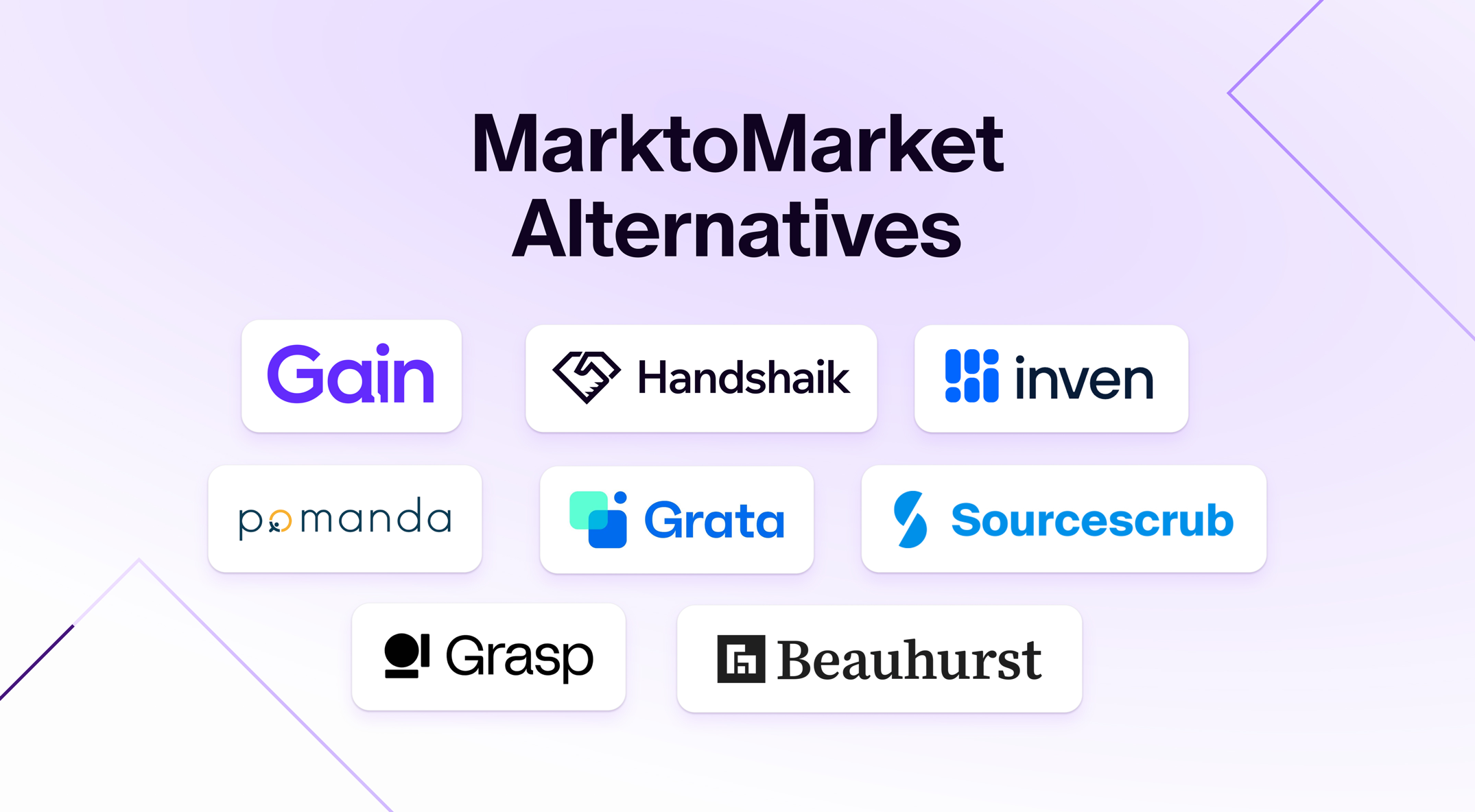 A graphic depicting the Gain, Handshaik, Inven, Pomanda, Grata, Sourcescrub, Grasp, and Beauhurst logos and 'MarktoMarket Alternatives'