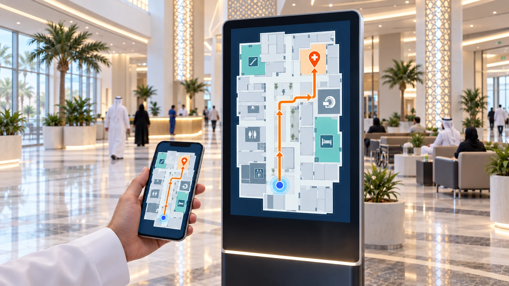 زائر مستشفى يستخدم نظام NEARMOTION للتوجيه الداخلي عبر الهاتف وشاشات العرض