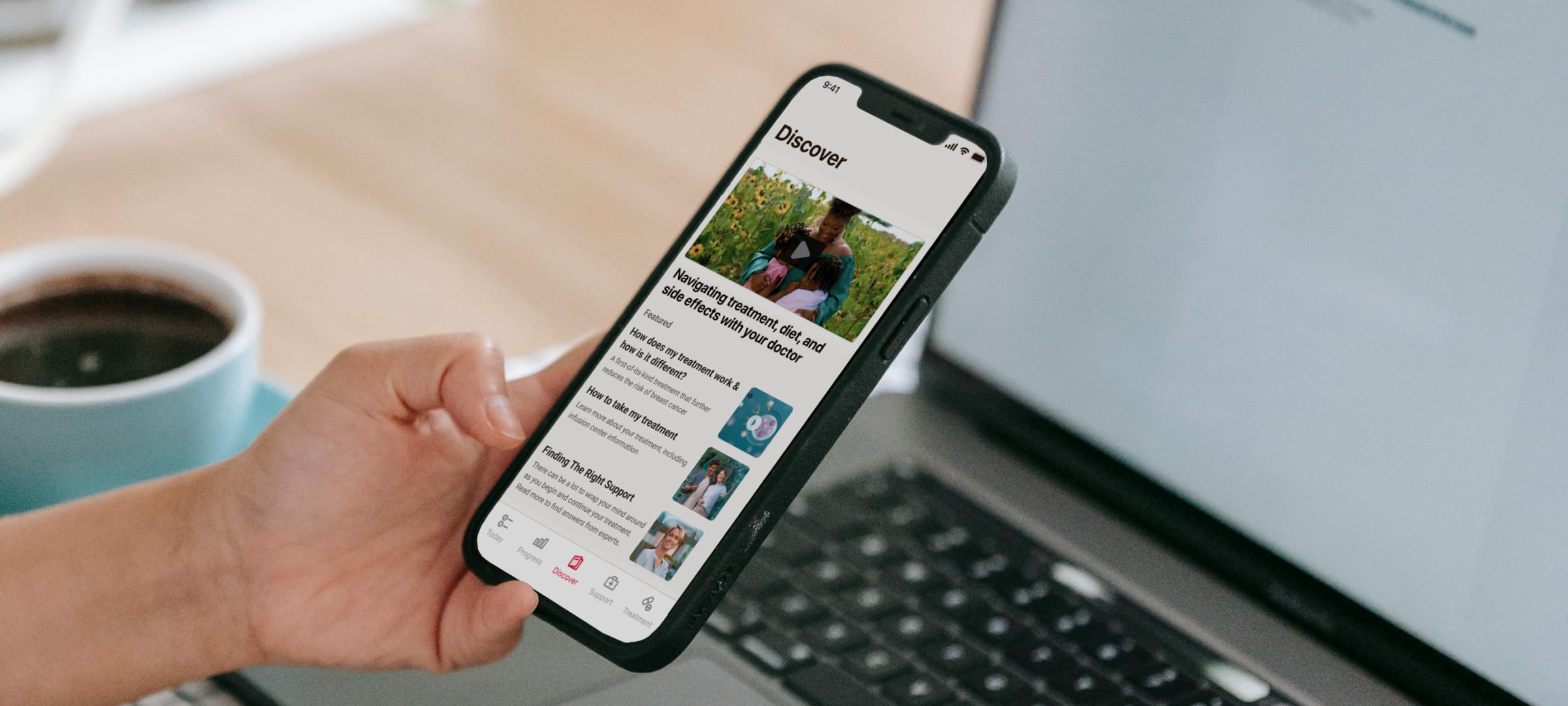 smartphone mock-up showing educational content in the Mytherapy for patient awareness campaigns 