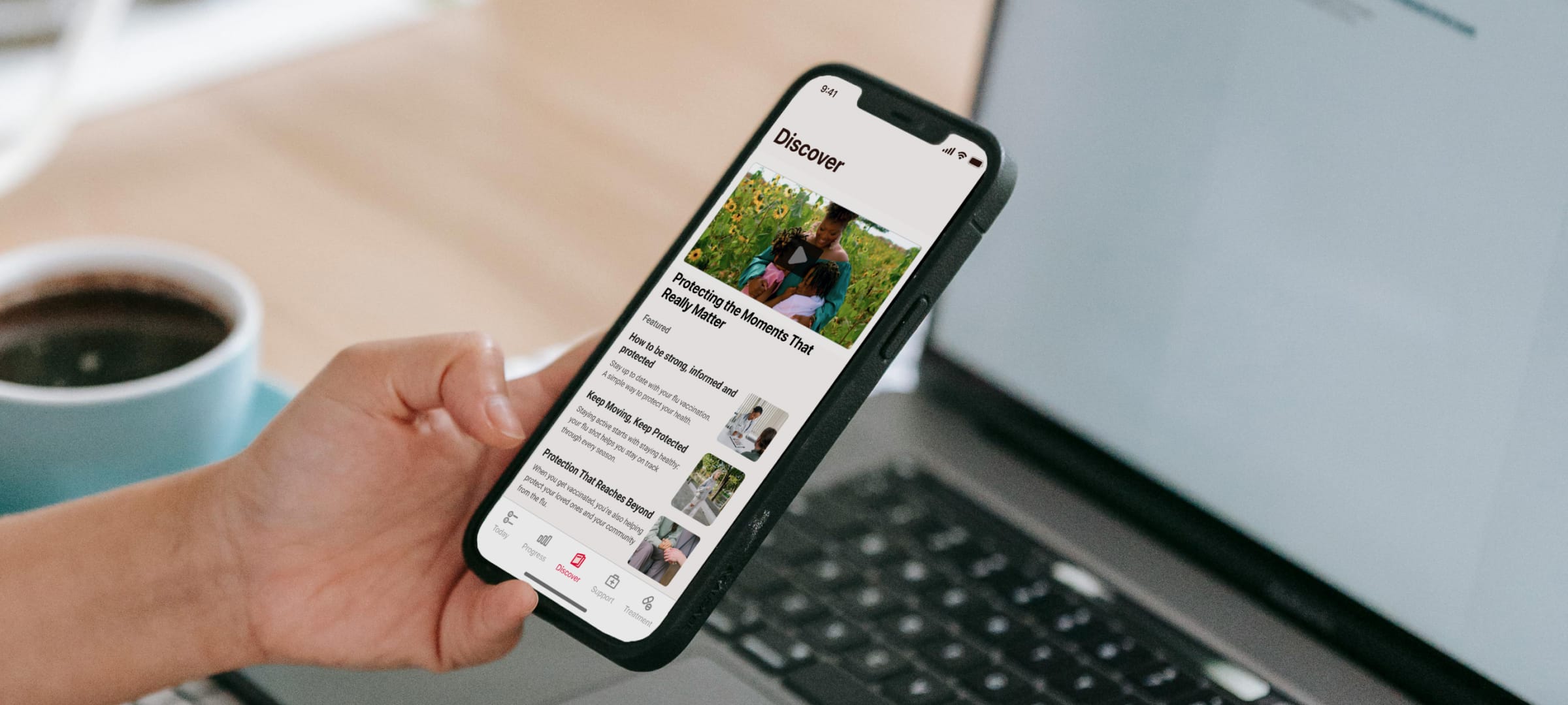 smartphone mock-up showing educational content in the Mytherapy for patient awareness campaigns 