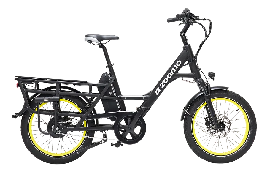 A side view of a black Zoomo Family e-bike with a cargo rack.
