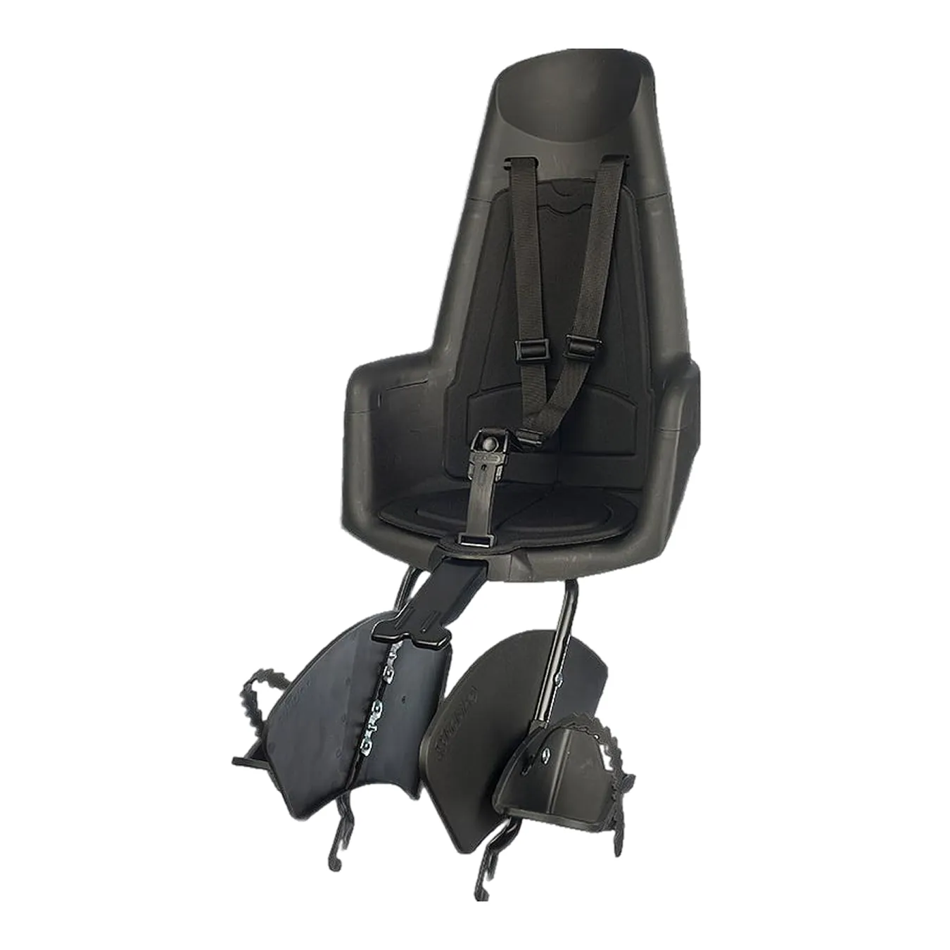 A black child's rear bike seat with safety straps.