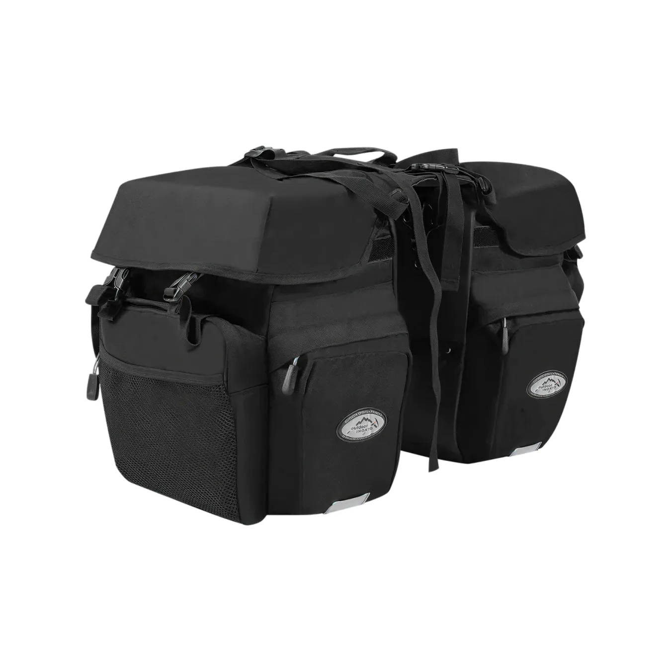 A pair of black pannier bags for a bike.