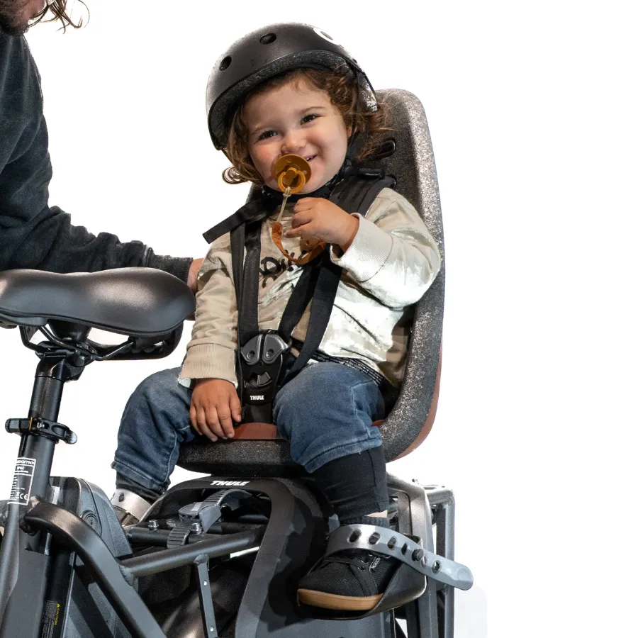 A child in a rear-mounted safety seat on a Zoomo bike.