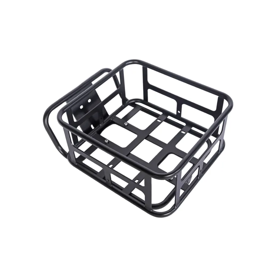 A black metal cargo basket for the bike's rear.