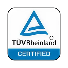 The TÜV Rheinland Certified logo, a blue triangle with a wordmark.