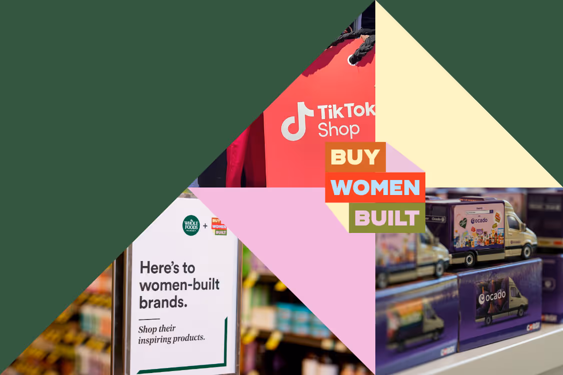 A triangle shaped collage of Buy Women Built imagery