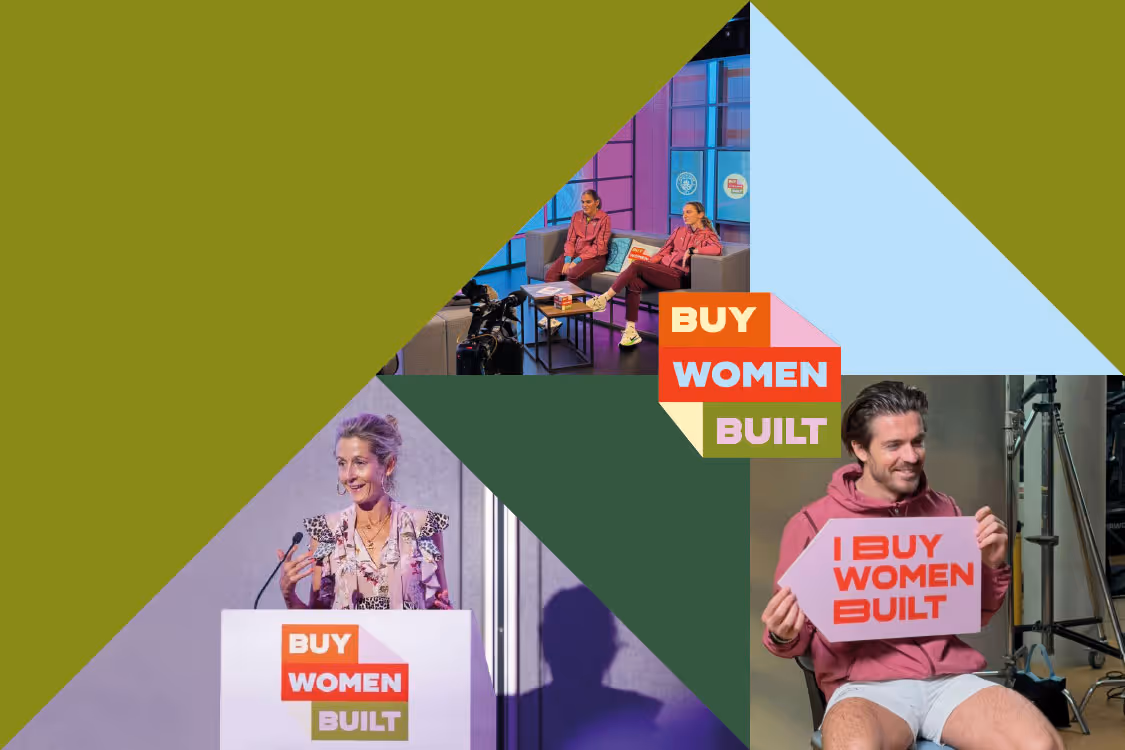 A triangle shaped collage of Buy Women Built imagery