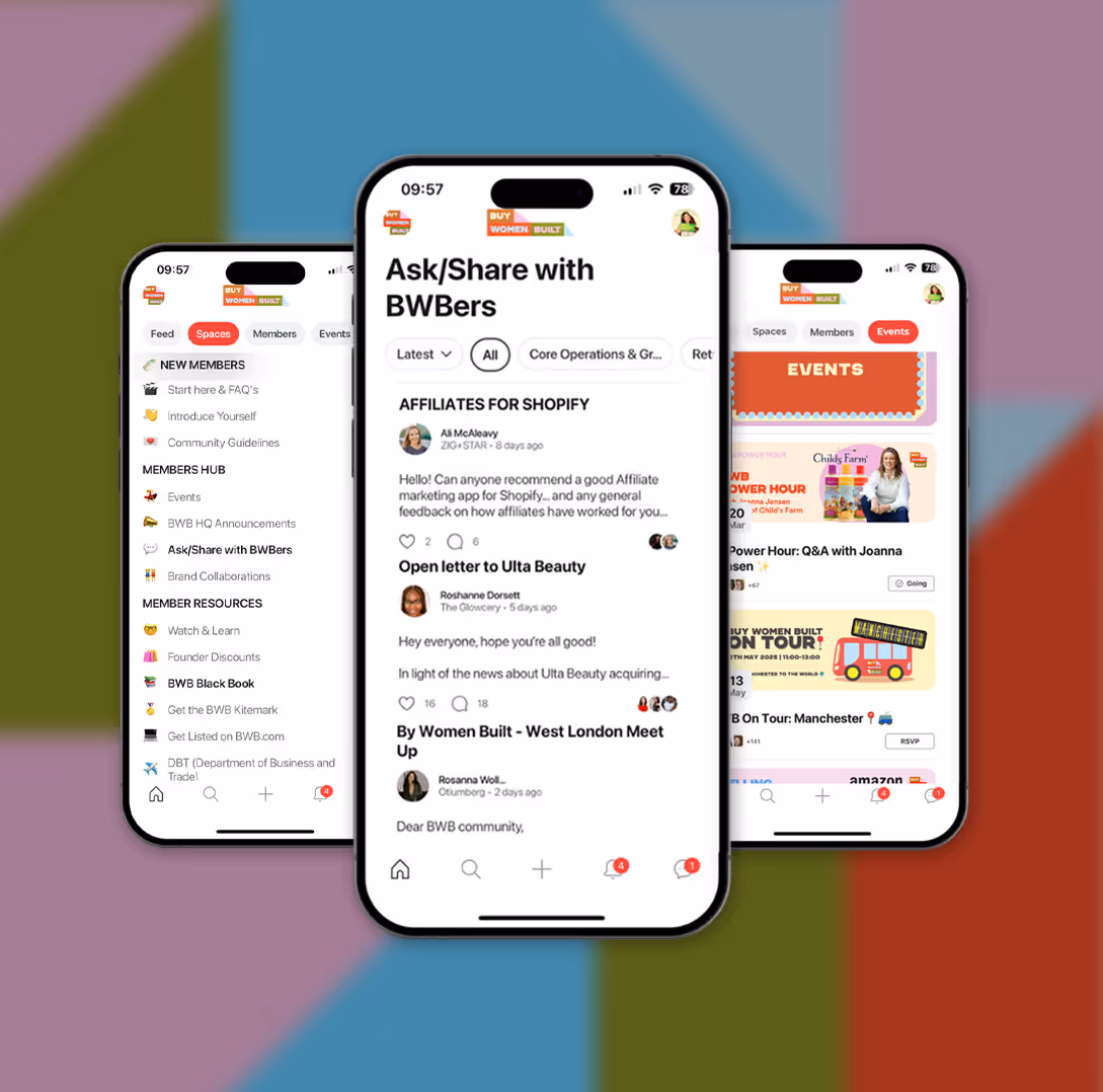 The Buy Women Built Community on display on mobile devices