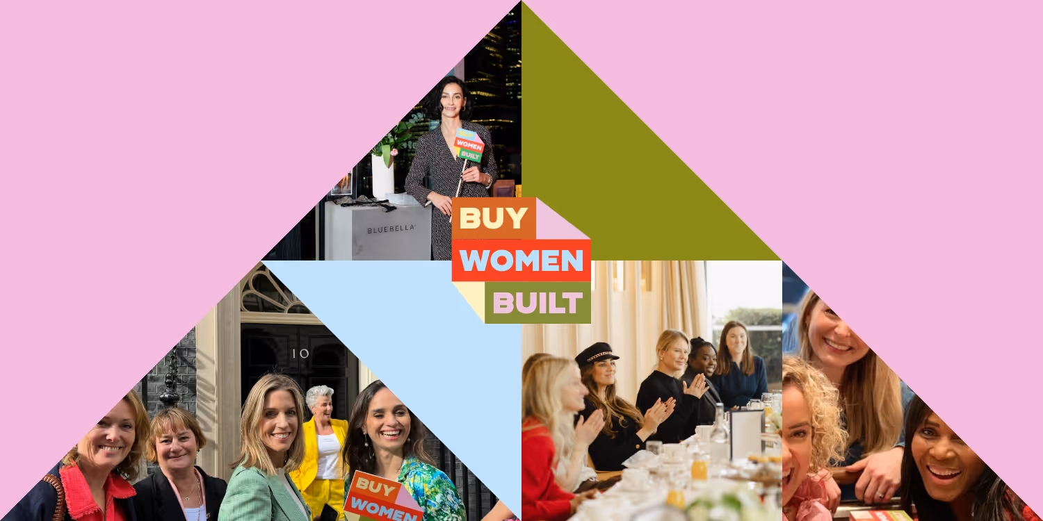 A triangle shaped collage of Buy Women Built imagery