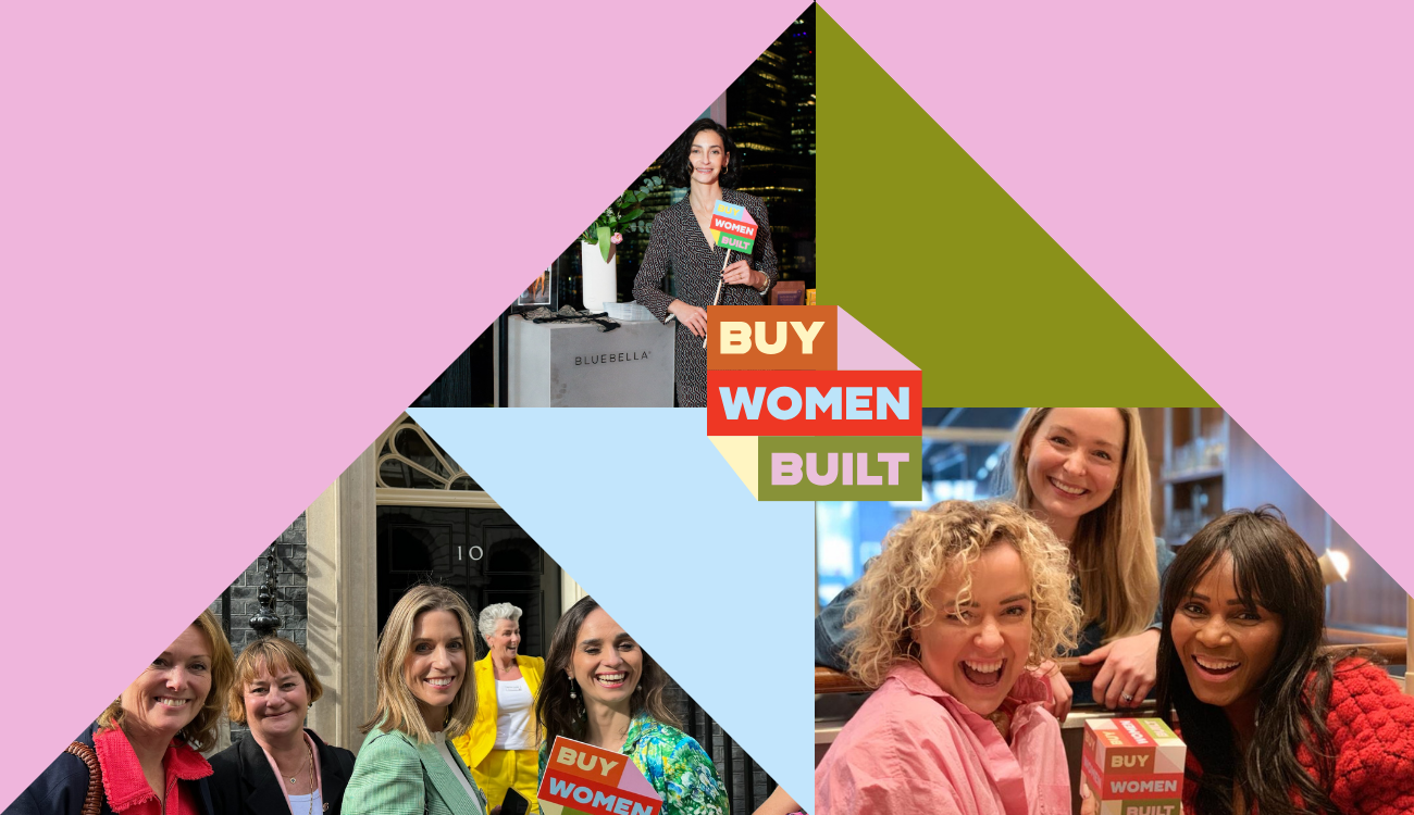 Collage of diverse women smiling, holding signs and boxes with the Buy Women Built logo in a colourful geometric design.