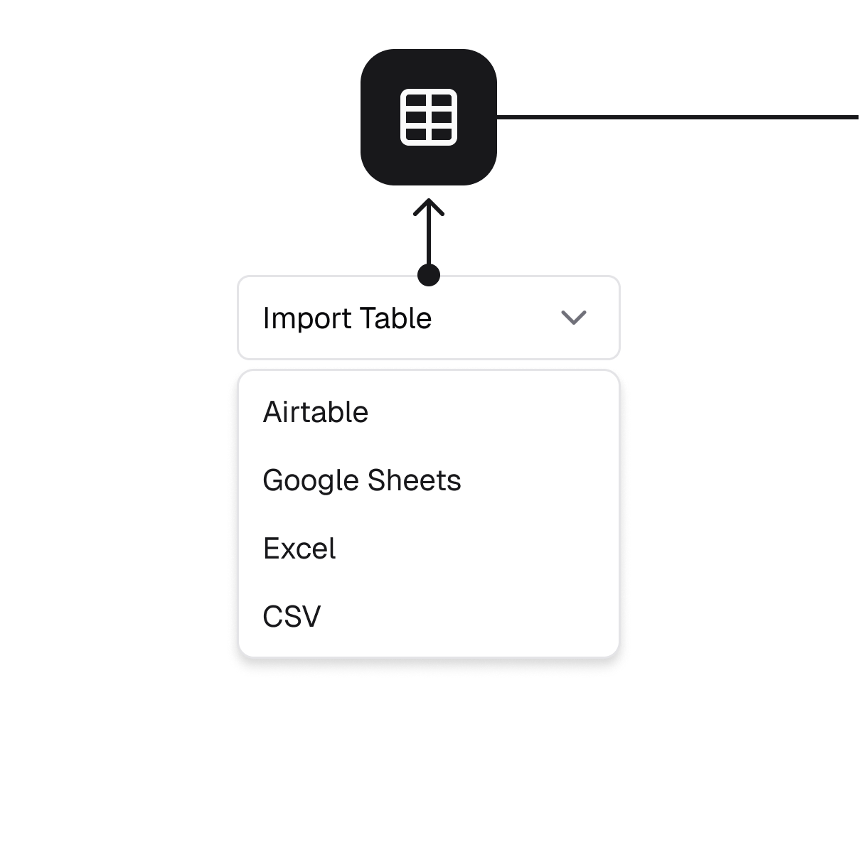A Dropdown showing different Upload Options. Airtable, Google Sheets, Excel and CSV.