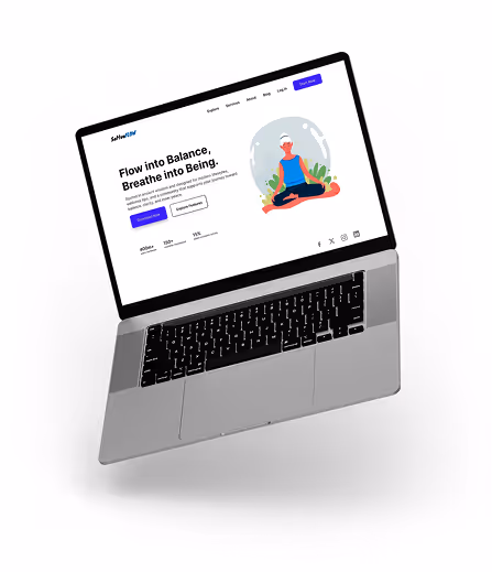 Laptop mit geöffneter Webseite, die Meditation und Achtsamkeit bewirbt, mit Illustration einer sitzenden Person im Yoga-Lotus.