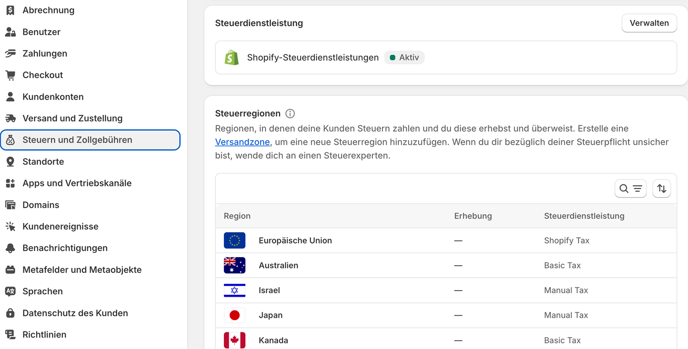 Steuern und Zollgebühren Einstellungen im Shopify Backend