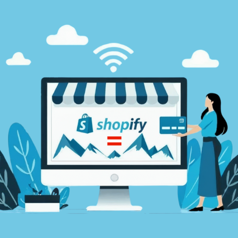 Shopify Logo, Berge und die österreichische Flagge gezeigt auf einem illustrierten Computer Bildschirm